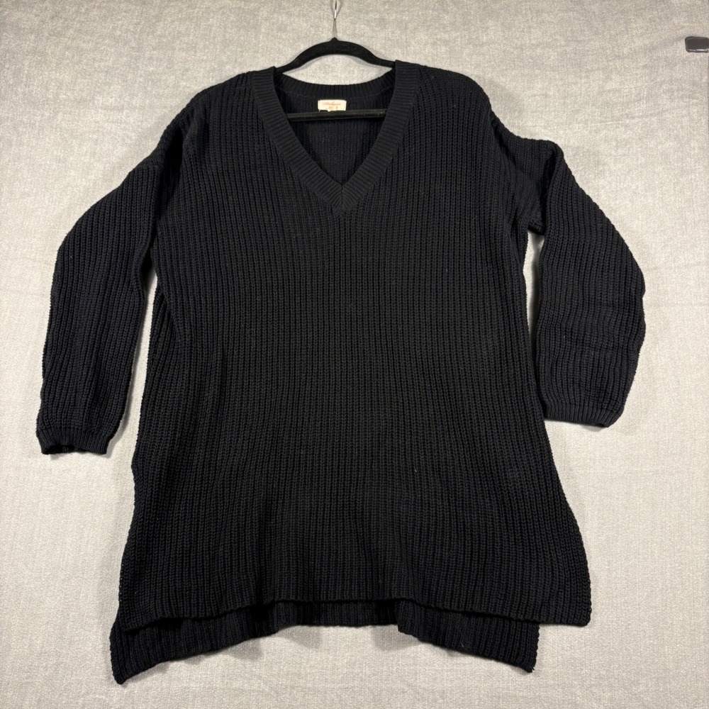 Ambiance Black V-Neck Shaker Knit Oversized Tunic Sweater Large 69217